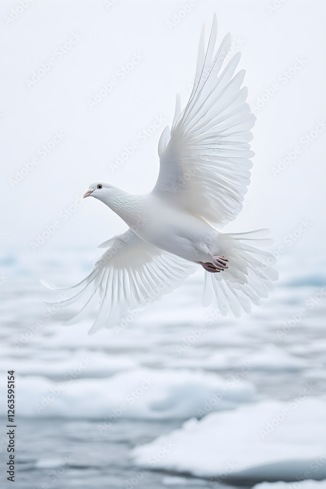 Fototapeta premium A Graceful Polar Pigeon Over Arctic's Frozen Plains: Symbol of Survival & Serenity