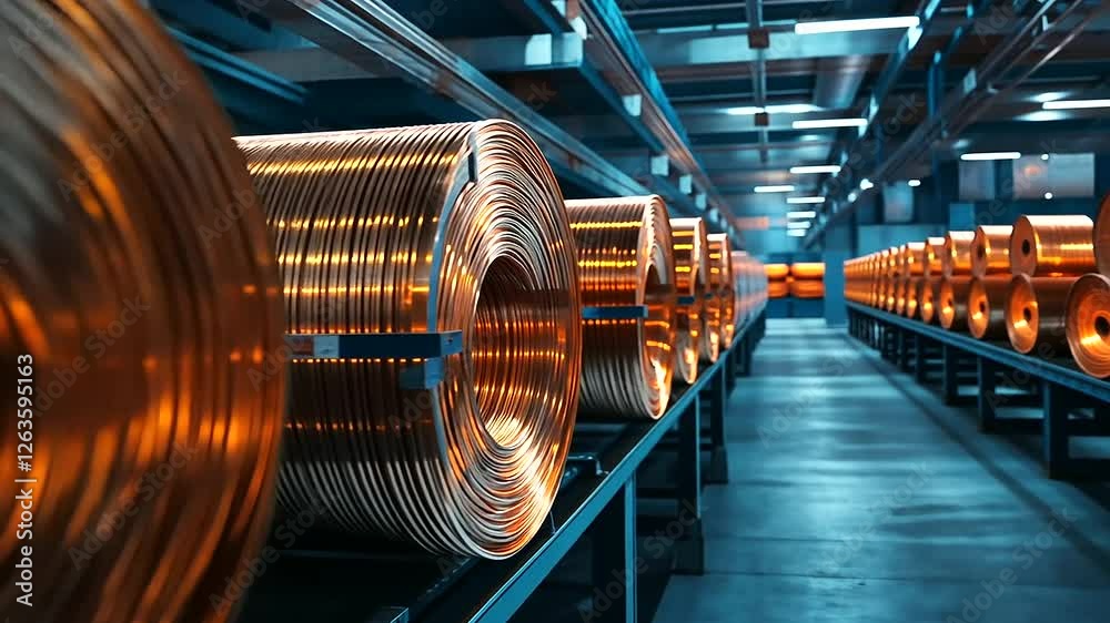 A massive coil of multi-core copper wire, stored in an electrical distribution center, ready for large-scale industrial installations.