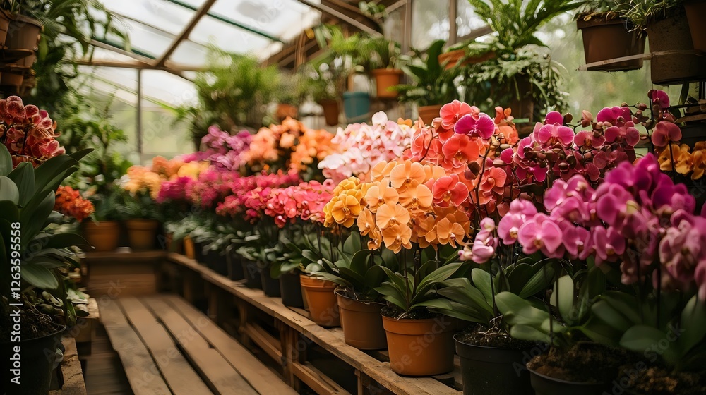 Obraz premium A greenhouse filled with a variety of colorful flowers, including pink, orange