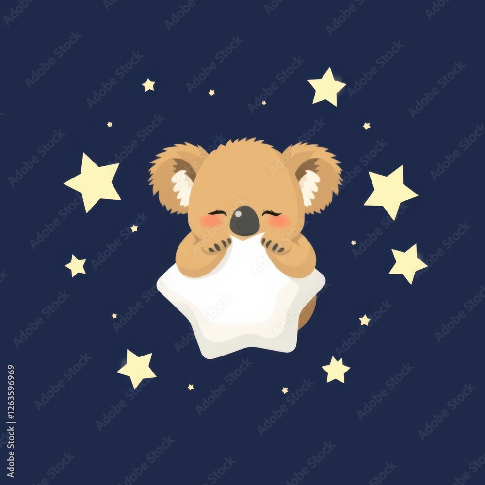 Fototapeta premium Dreamy koala bear hugging a star-shaped pillow against a dark blue background sprinkled with twinkling stars.