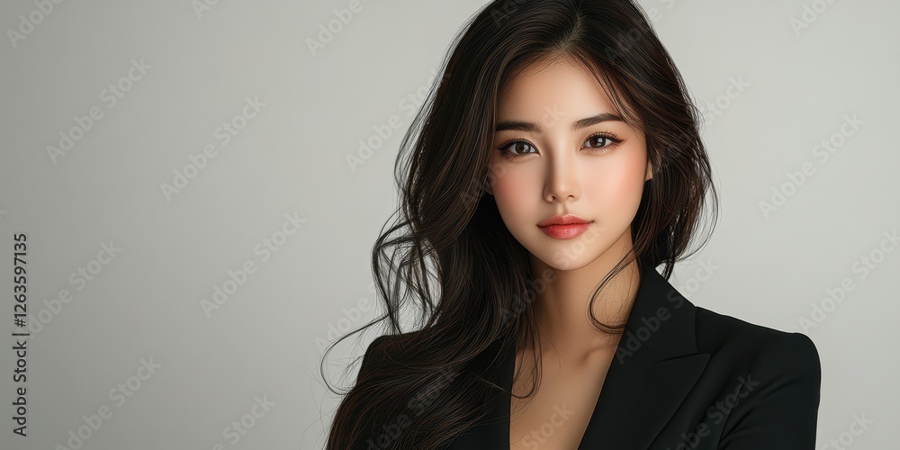 Model with long dark hair poses confidently in studio lighting Model with long dark hair poses confidently in studio lighting