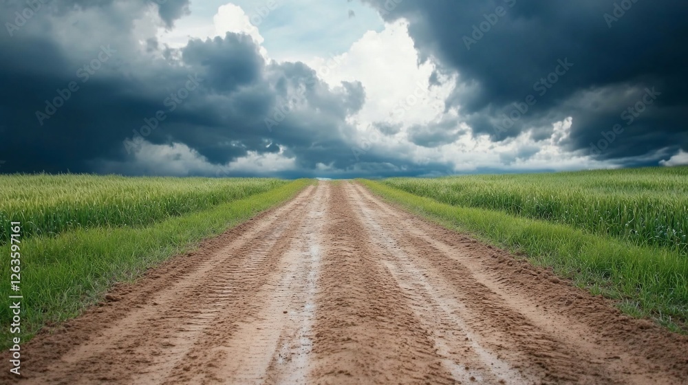 Rural road under stormy sky, green fields Rural road under stormy sky, green fields