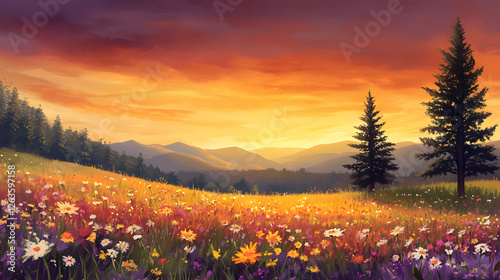 A field of wildflowers at sunset, with rolling hills in the background and trees on one side.
