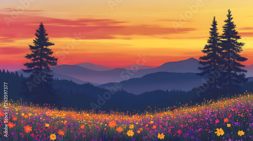 A field of wildflowers at sunset, with rolling hills in the background and trees on one side.
