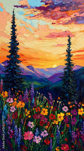 A field of wildflowers at sunset, with rolling hills in the background and trees on one side.
