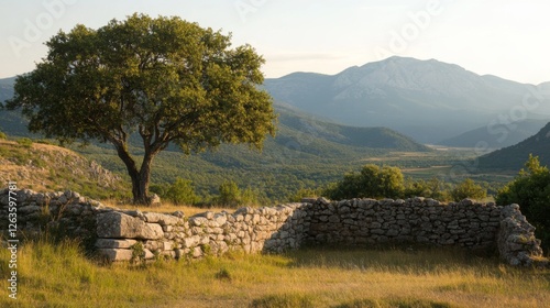 Ancient stone walls, lone tree, valley, mountains, peaceful landscape, daytime shot, countryside view, perfect for nature or travel brochure photo