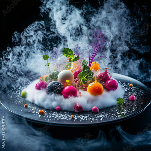 Fototapeta Naklejka Na Ścianę i Meble -  A molecular dish featuring colorful fruit spheres, ethereal smoke, and an artistic high-tech plating concept. A futuristic food experience blending science, texture, and visual aesthetics