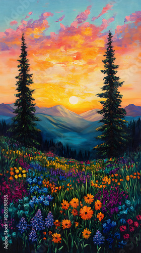 A field of wildflowers at sunset, with rolling hills in the background and trees on one side.
