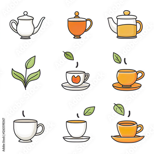 Tea and Beverage Icons – Cups, Teapots, and Hot Drinks in Modern Design