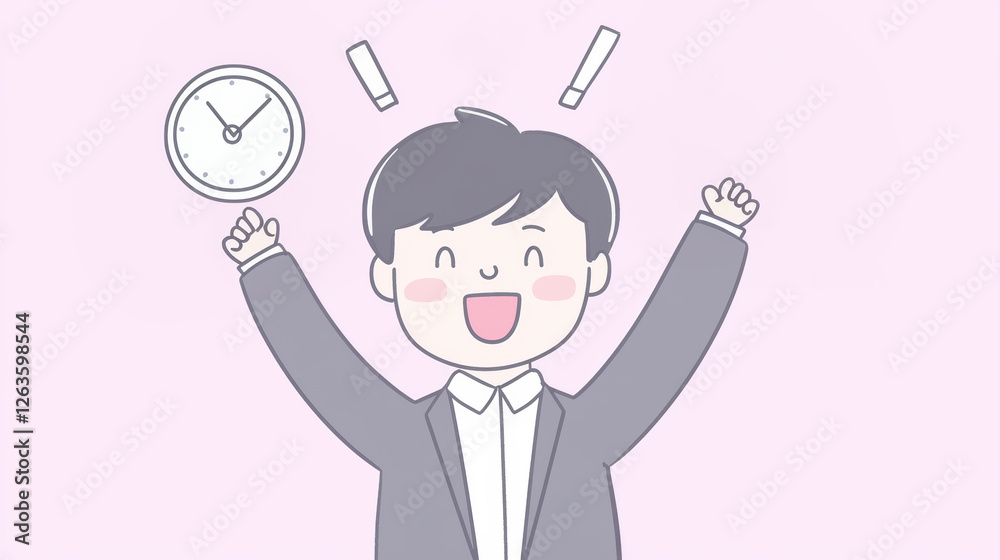 A joyful man in a suit celebrates with raised arms and a clock, embodying a sense of achievement and time management. A joyful man in a suit celebrates with raised arms and a clock, embodying a sense of achievement and time management.