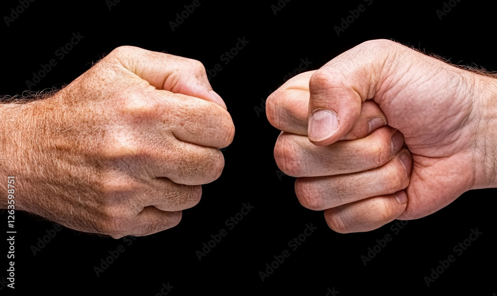 Two clenched fists close together, symbolizing strength, unity, conflict, or competition against a black background for various thematic uses Two clenched fists close together, symbolizing strength, unity, conflict, or competition against a black background for various thematic uses