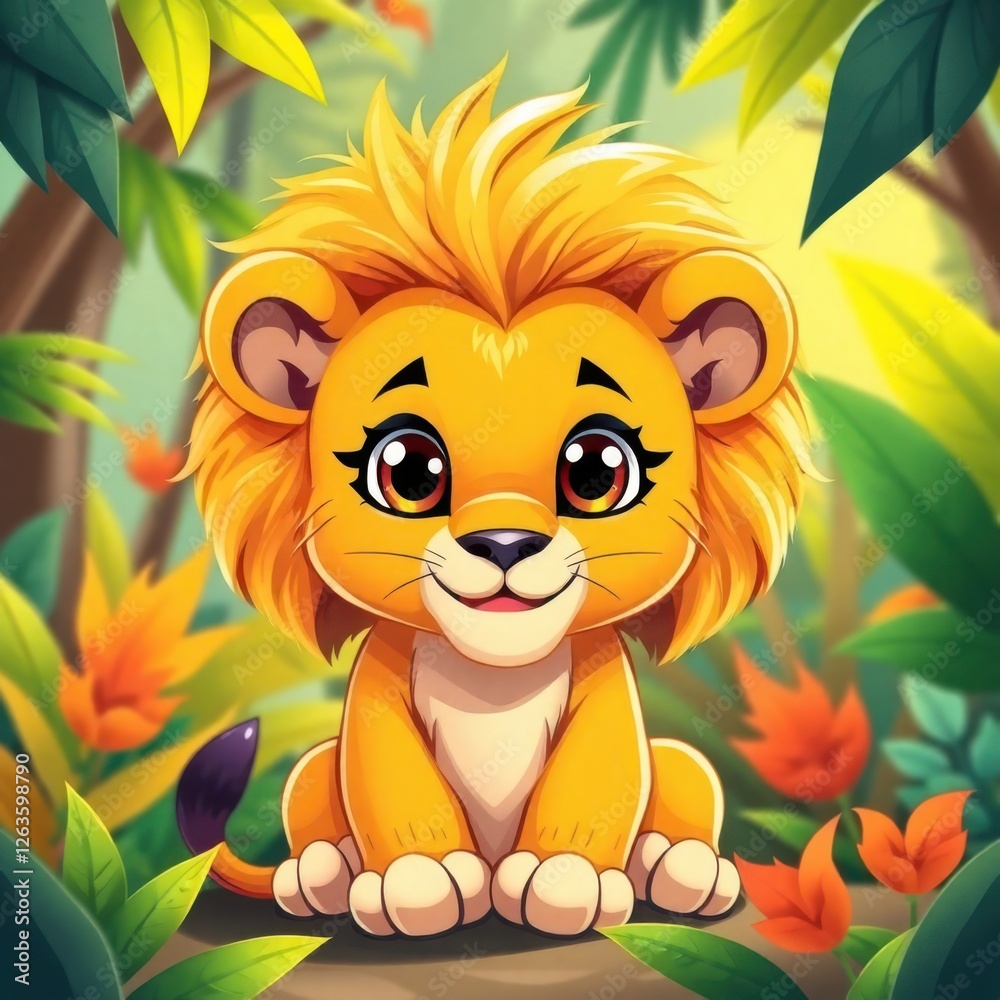 Cartoon lion cub with a fluffy mane sits smiling in a jungle setting. Adorable and charming character.