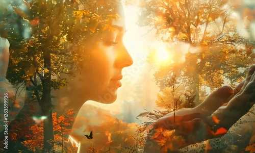 Conceptual image of a person in nature with ancestors