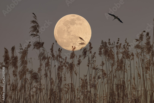 Stork flies in front of a full moon over a field of pampas grass, a serene scene capturing the ethereal beauty of nature under the night sky. Background for Halloween. Mystical spirit of the night.