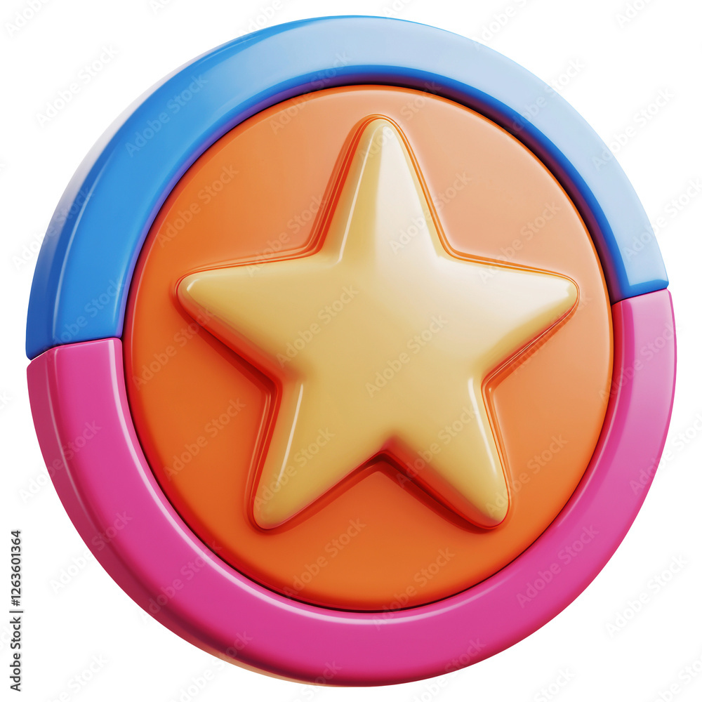 Shiny Golden Star Icon Centered on Circle with Pink and Blue Trim on Transparent Shiny Golden Star Icon Centered on Circle with Pink and Blue Trim on Transparent
