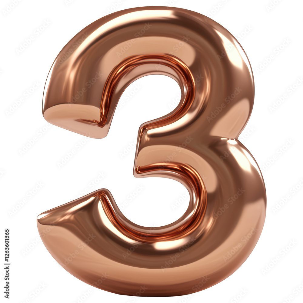 Shiny Metallic Bronze Number Three Isolated on Transparent Background Shiny Metallic Bronze Number Three Isolated on Transparent Background