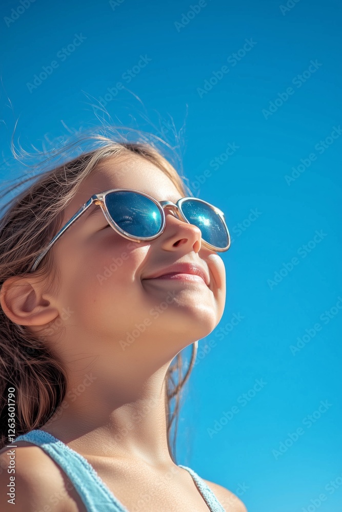 Portrait of a cheerful little girl smiling against a clear blue sky during a sunny day Portrait of a cheerful little girl smiling against a clear blue sky during a sunny day