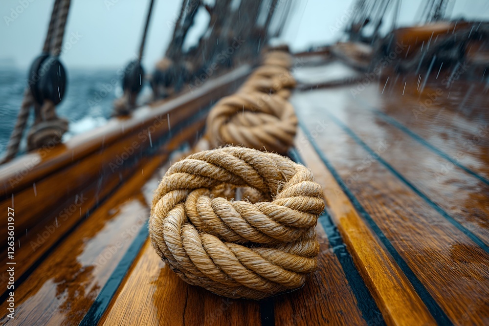 Fototapeta premium Wet wooden deck with coiled ropes on a sailing vessel