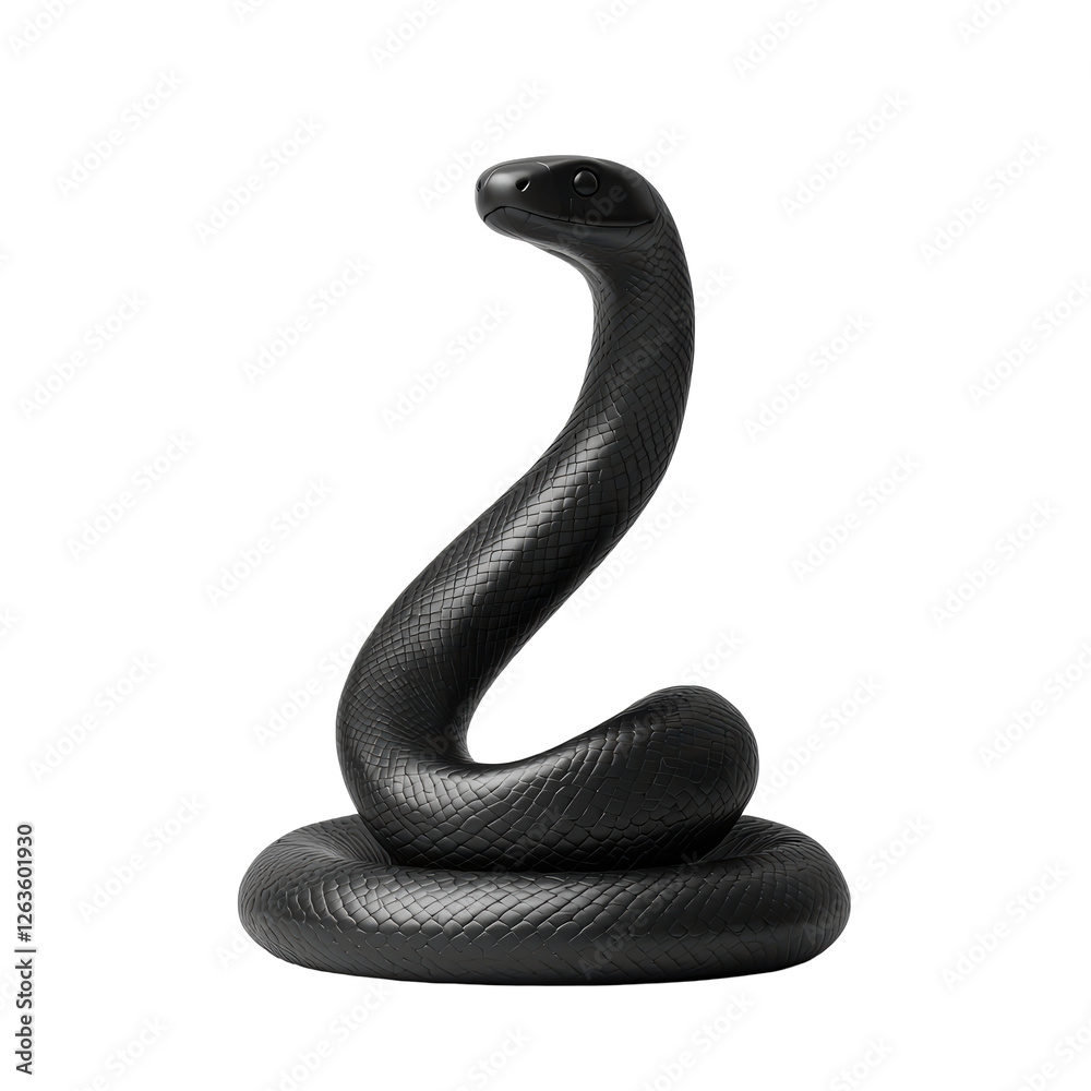 Smooth Dark Snake Sculpture Coiled in a Stationary Pose Against a Transparent Backdrop Smooth Dark Snake Sculpture Coiled in a Stationary Pose Against a Transparent Backdrop