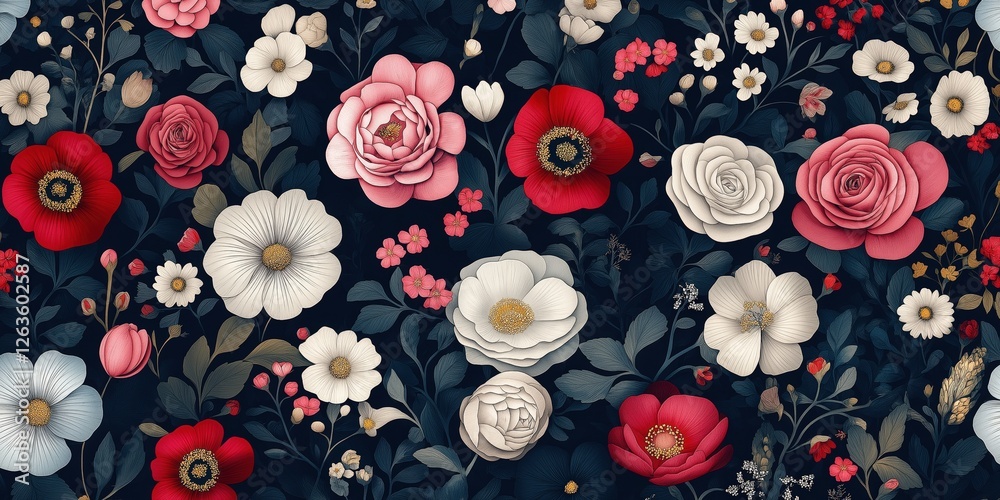 Intricate floral design on a dark blue backdrop features a prominent white blossom with a sunlit yellow heart, encircled by delicate petals. Symmetry and elegance highlight the composition Intricate floral design on a dark blue backdrop features a prominent white blossom with a sunlit yellow heart, encircled by delicate petals. Symmetry and elegance highlight the composition