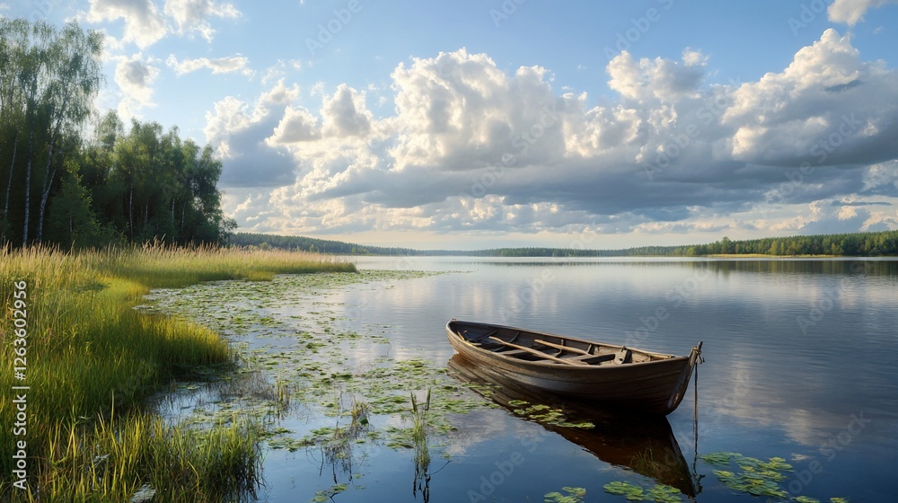 Serene lake boat, summer sunset, calm waters, idyllic scene, nature travel Serene lake boat, summer sunset, calm waters, idyllic scene, nature travel
