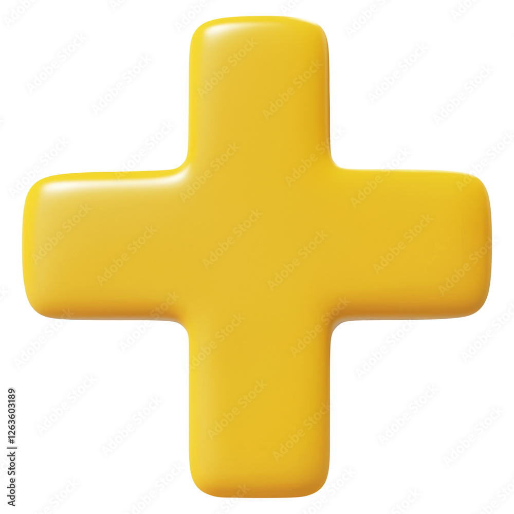 Obraz premium Three Dimensional Rendering of Yellow Plus Sign on Transparent Background