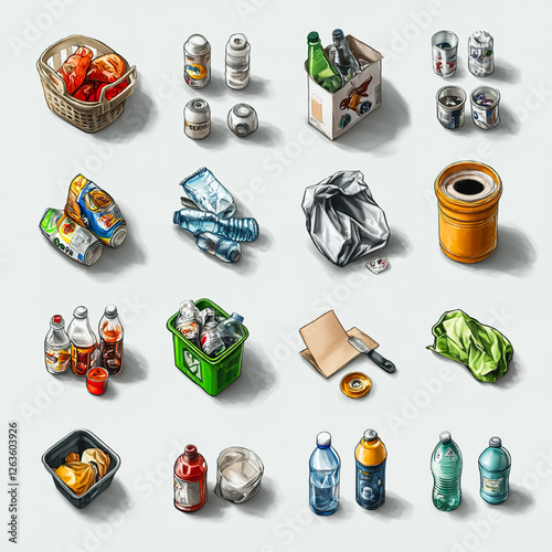 Recycling and Waste Icons – Realistic Trash, Plastic, Glass, and Paper Disposal Symbols