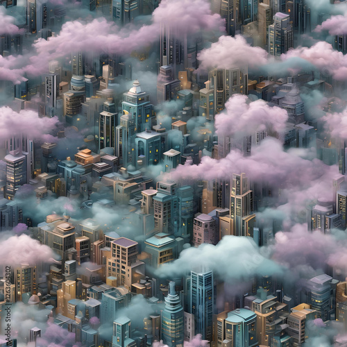 A crowded dreamlike vertical city in the Art Deco architectural style, immersed in the colored clouds