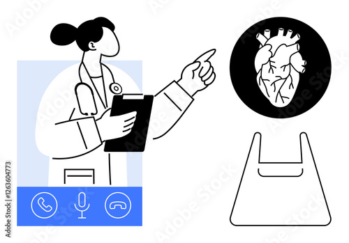 Doctor holding clipboard, pointing at heart image on screen, telecommunications icons. Ideal for telemedicine, remote healthcare, medical consultations, cardiology, online diagnosis, digital health
