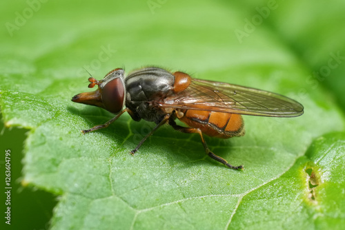 Rhingia campestris Syrphid Fly Resting on a Leaf - A hoverfly in its natural environment displaying intricate details. photo