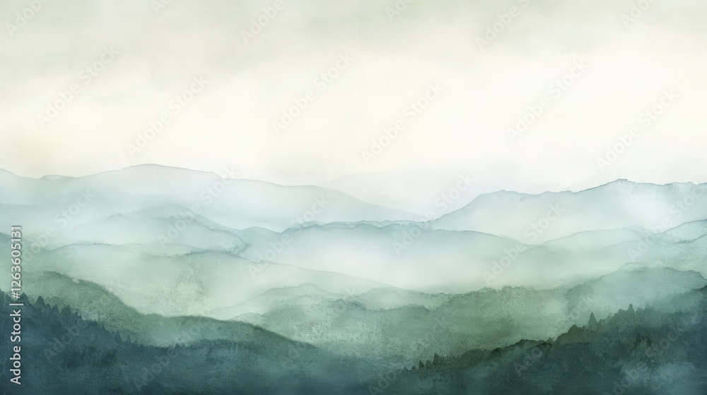Misty Mountain Range Watercolor Painting in Calming Green and Blue Hues Misty Mountain Range Watercolor Painting in Calming Green and Blue Hues