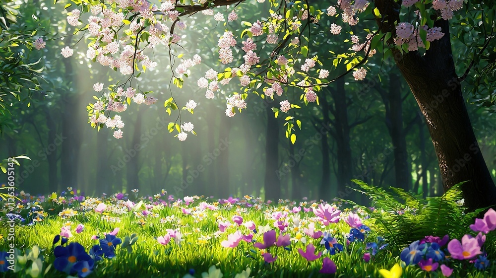 Obraz premium Lush green field brimming with vibrant blooms adjoins pink-blue forest