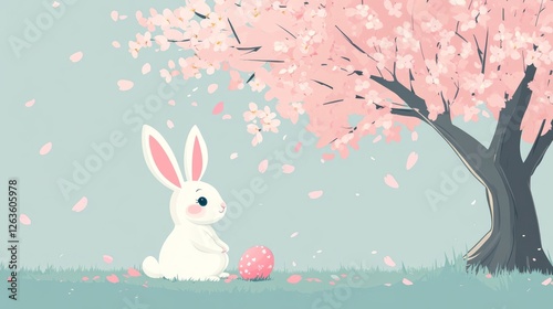 flat soft gentle minimalistic illustration of Easter bunny sitting under blossoming pink sakura tree