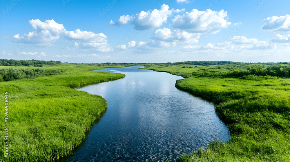 Serpentine river meanders through lush green wetlands under a vibrant blue sky; ideal for travel brochures Serpentine river meanders through lush green wetlands under a vibrant blue sky; ideal for travel brochures