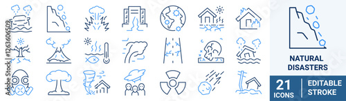 Natural disasters, pollution, related to evacuation, Apocalypse. editable stroke icons Vector illustration