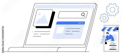 Laptop displaying search engine, website content. Smartphone showing online shopping. Ideal for e-commerce, digital marketing, SEO, user interface design, online shopping, web development business