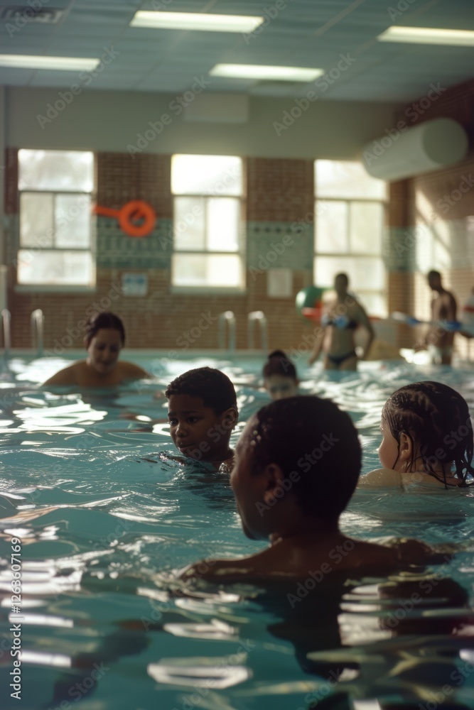 Obraz premium Multicultural Families Enjoying a Fun Parent-Child Swimming Class in a Bright Indoor Pool