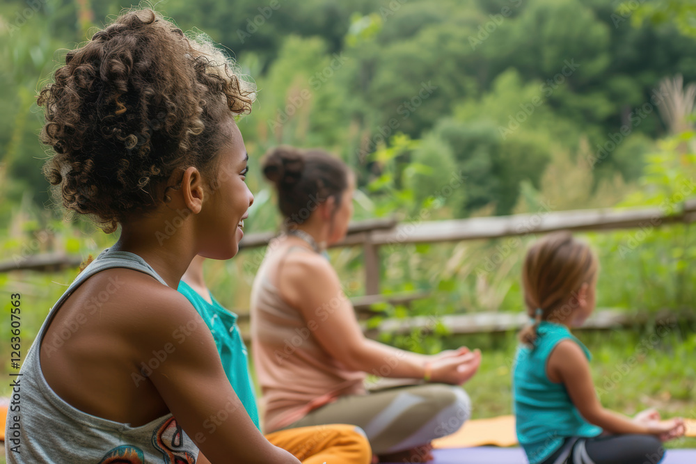 Fototapeta premium Family Wellness Retreat: Diverse Families Engage in Yoga and Mindfulness in Nature