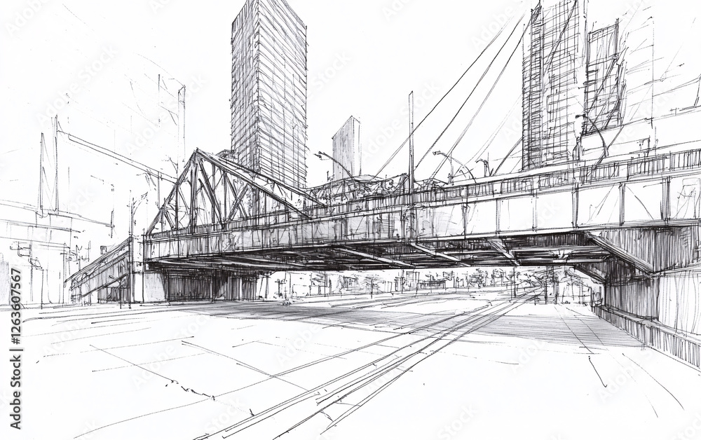 Architectural Sketch of a City Bridge with Perspective Depth, Featuring Structural Details and Urban Design in a Loose Artistic Drawing Style Architectural Sketch of a City Bridge with Perspective Depth, Featuring Structural Details and Urban Design in a Loose Artistic Drawing Style