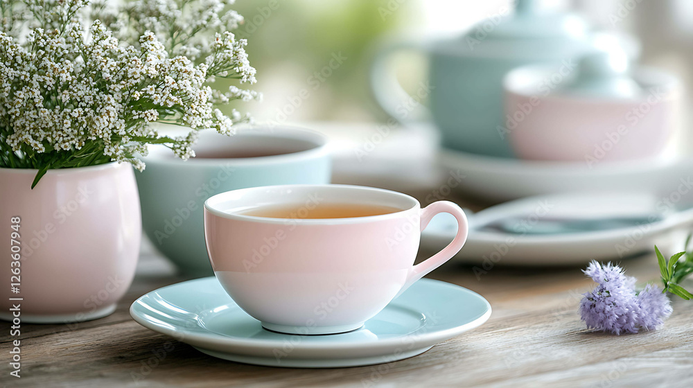 A tea set with herbal infusions and pastel teacups. A tea set with herbal infusions and pastel teacups.