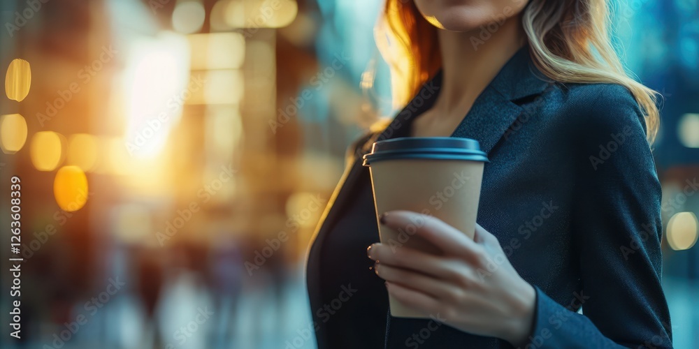 Woman enjoying coffee in city street during sunset while wearing a business suit and looking relaxed Woman enjoying coffee in city street during sunset while wearing a business suit and looking relaxed