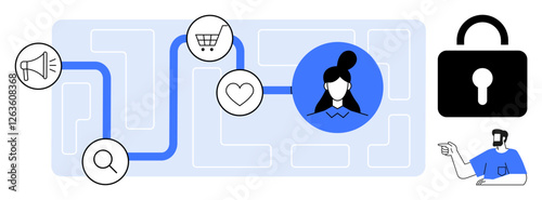 Person navigating a digital path through search, marketing, shopping, and preferences icons, leading to security and advice. Ideal for user experience, digital marketing, online shopping, security