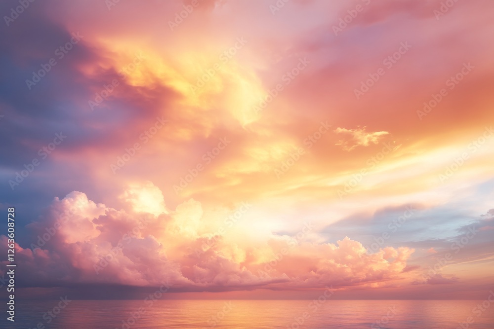 Colors blend in a tranquil sky as clouds shimmer at sunset over the calm ocean Colors blend in a tranquil sky as clouds shimmer at sunset over the calm ocean