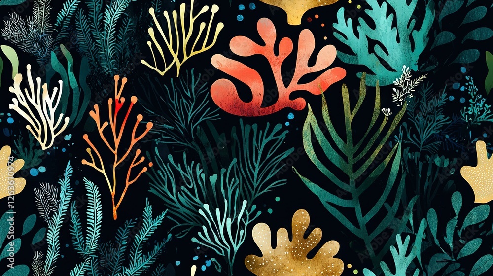 Fototapeta  Plants, corals, black background, gold starfish