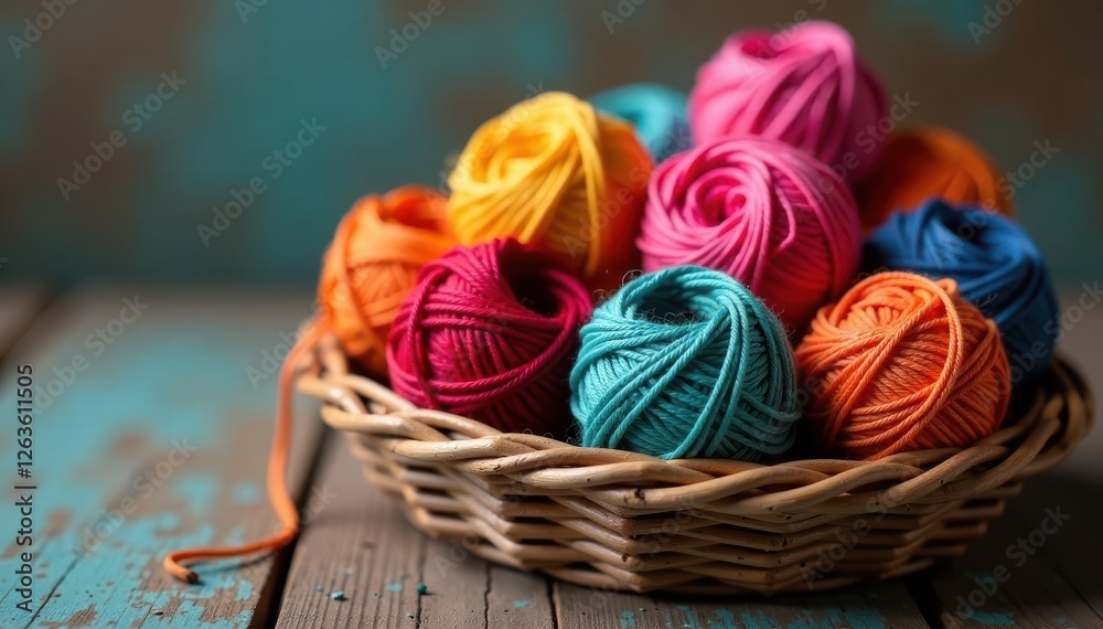 Colorful thread balls in a basket with other textile items, textile, colorful threads, handmade Colorful thread balls in a basket with other textile items, textile, colorful threads, handmade
