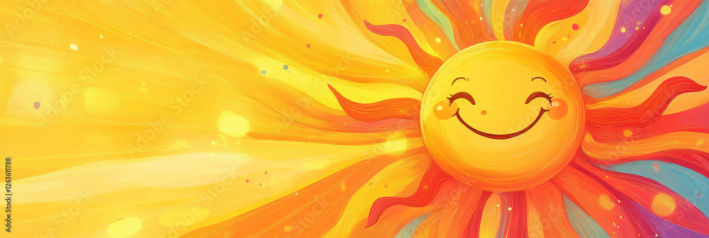 Bright and cheerful sun character with colorful rays for a fun banner background Bright and cheerful sun character with colorful rays for a fun banner background