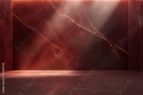 Elegant interior space highlighted by warm marble with fine gold veins and soft lighting