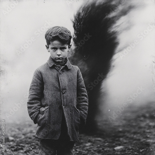 Surreal Black-and-White Photograph of a Lone Figure Confronted by a Shadowy, Horned Entity in a Foggy Landscape with a Cinematic Horror Aesthetic photo