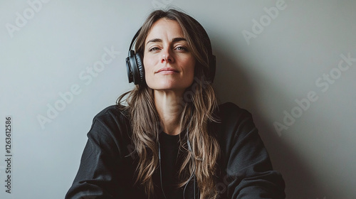 Woman in headphones listening to music. Calm expression. Long brown hair, wearing a dark sweater. Enjoying audio. Relaxing sound. photo