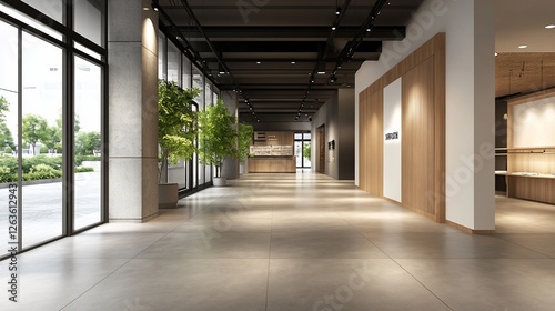 Modern office hallway, natural light, plants, city view, interior design